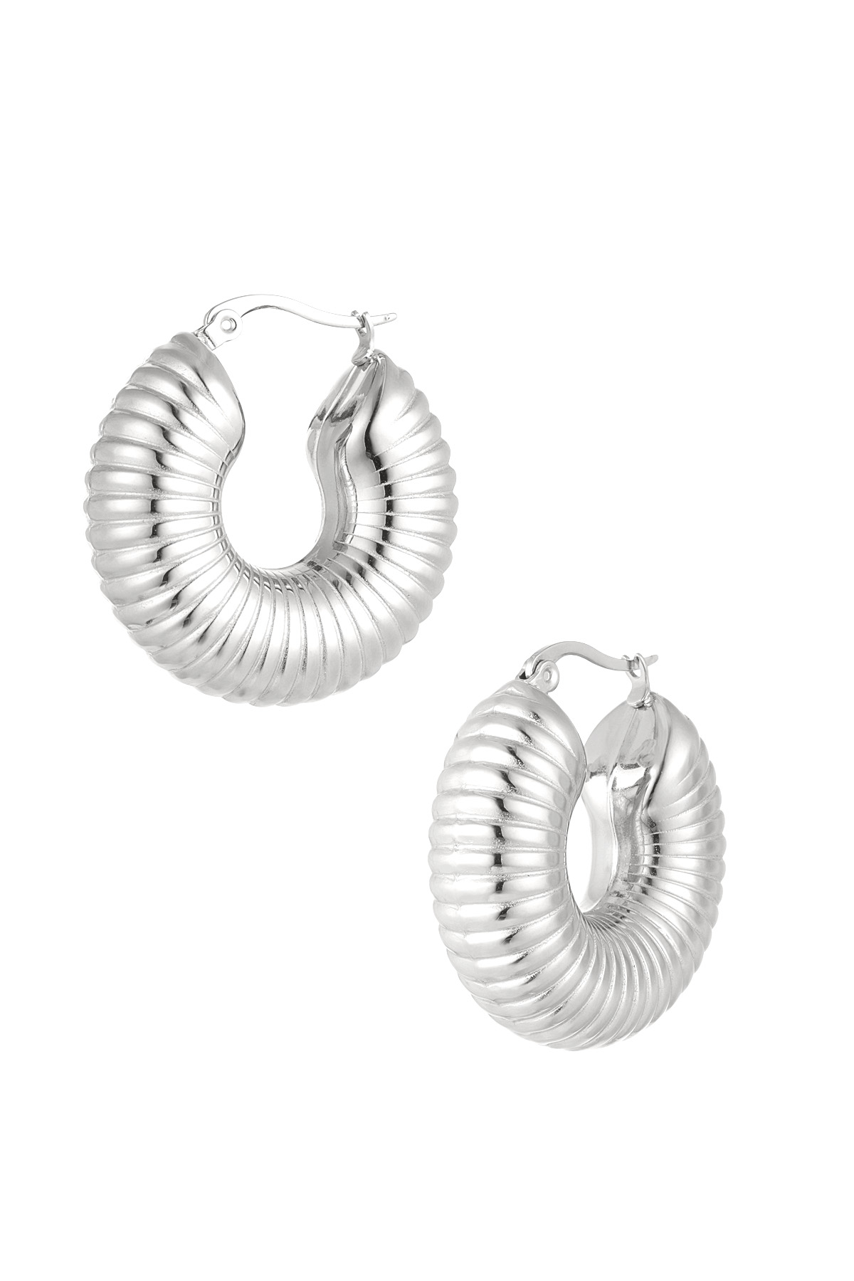 Silver Hoop Earrings with Striped Design - Image 2